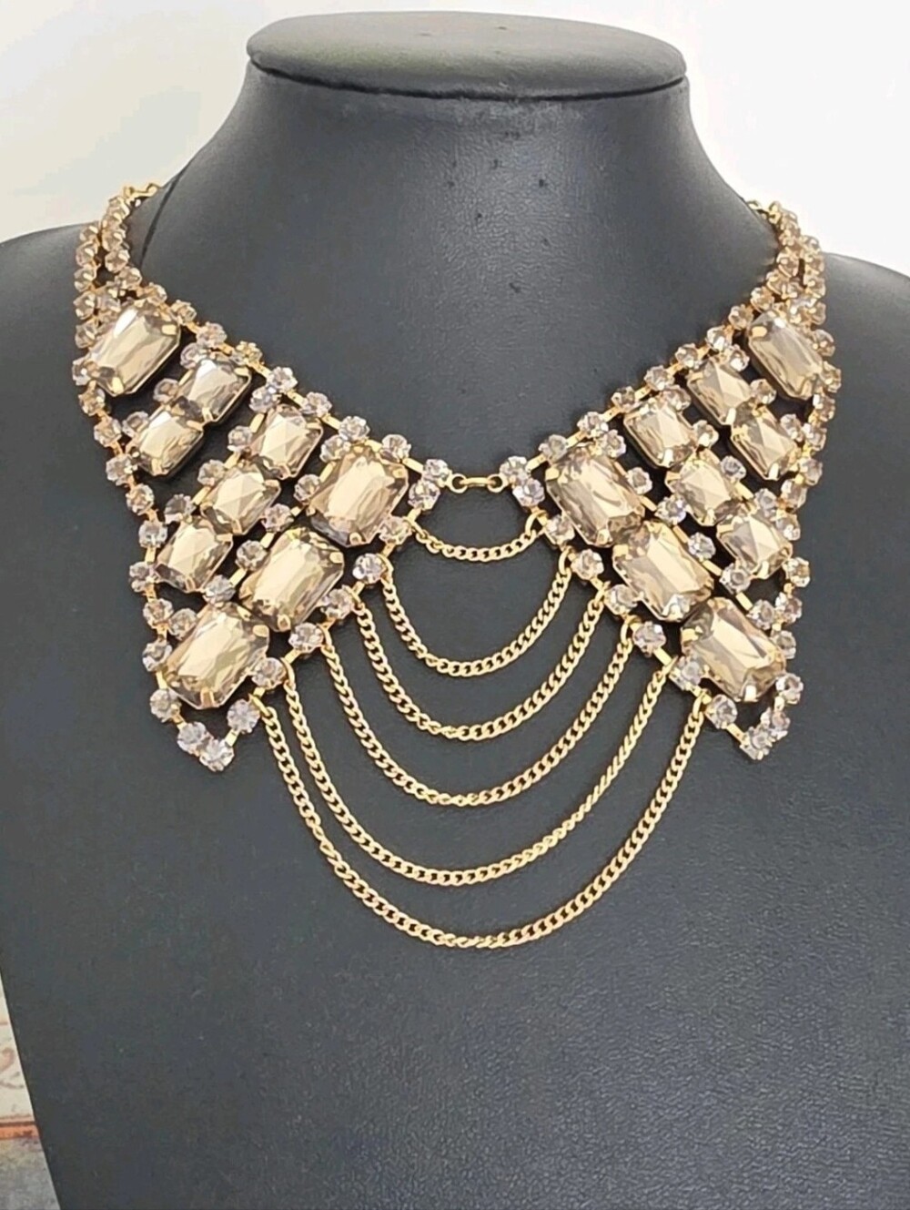 Mark by Avon Gold Tone Rhinestone Statement Bib Necklace Draped Chain Collar 19"